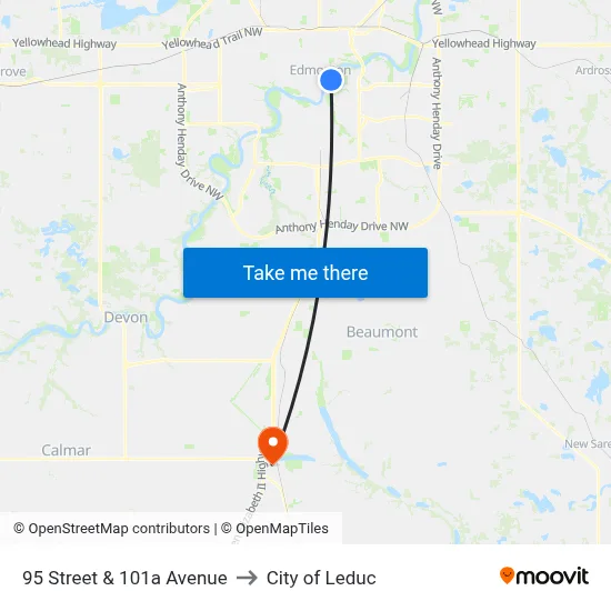 95 Street & 101a Avenue to City of Leduc map