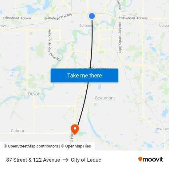 87 Street & 122 Avenue to City of Leduc map