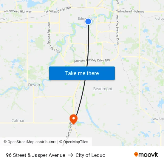 96 Street & Jasper Avenue to City of Leduc map