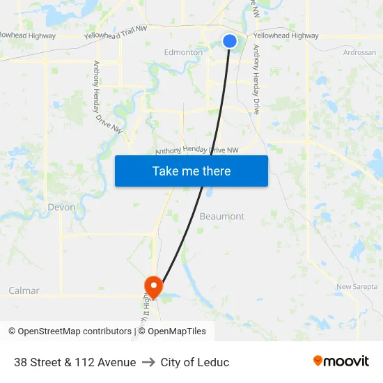 38 Street & 112 Avenue to City of Leduc map