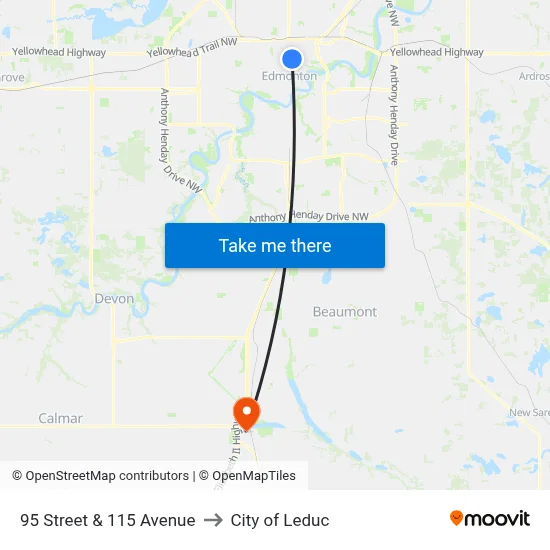 95 Street & 115 Avenue to City of Leduc map