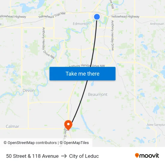 50 Street & 118 Avenue to City of Leduc map