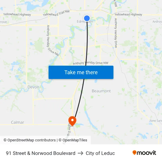 91 Street & Norwood Boulevard to City of Leduc map