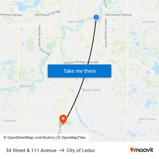 34 Street & 111 Avenue to City of Leduc map