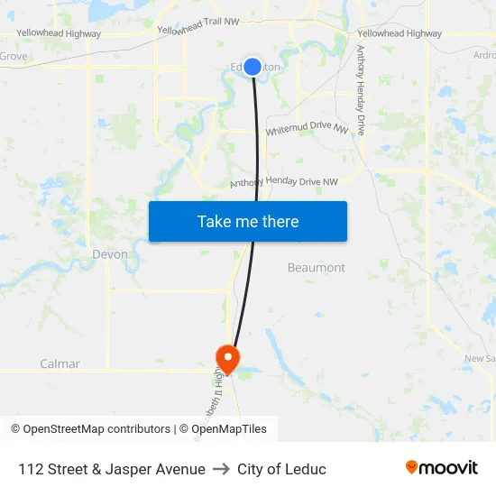112 Street & Jasper Avenue to City of Leduc map