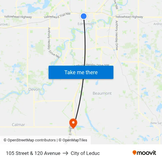 105 Street & 120 Avenue to City of Leduc map