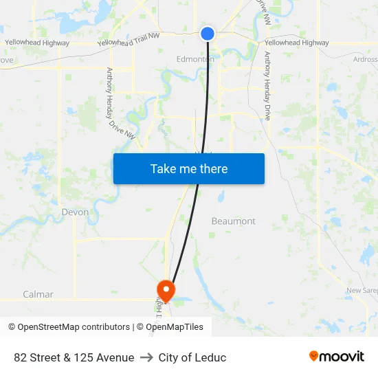 82 Street & 125 Avenue to City of Leduc map