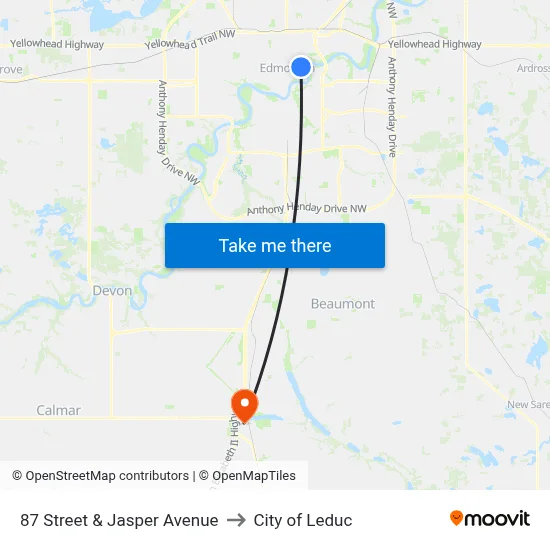 87 Street & Jasper Avenue to City of Leduc map