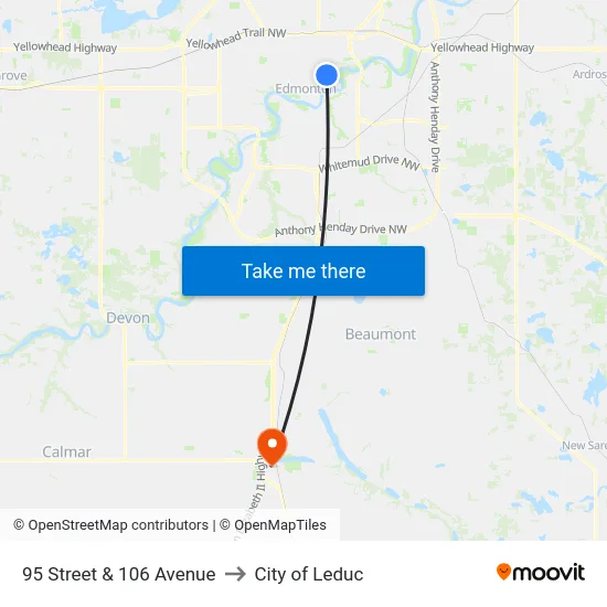95 Street & 106 Avenue to City of Leduc map