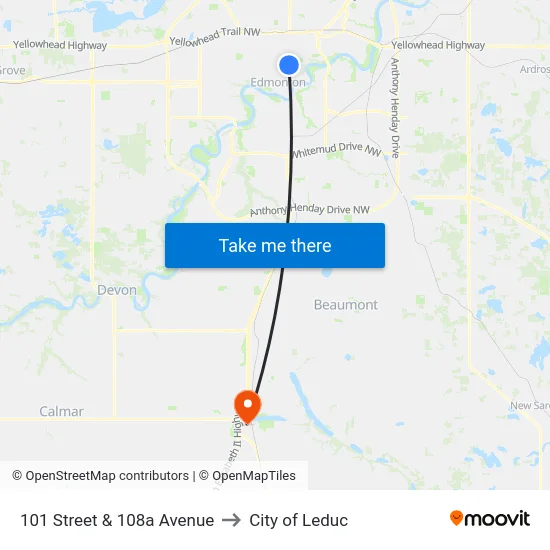 101 Street & 108a Avenue to City of Leduc map