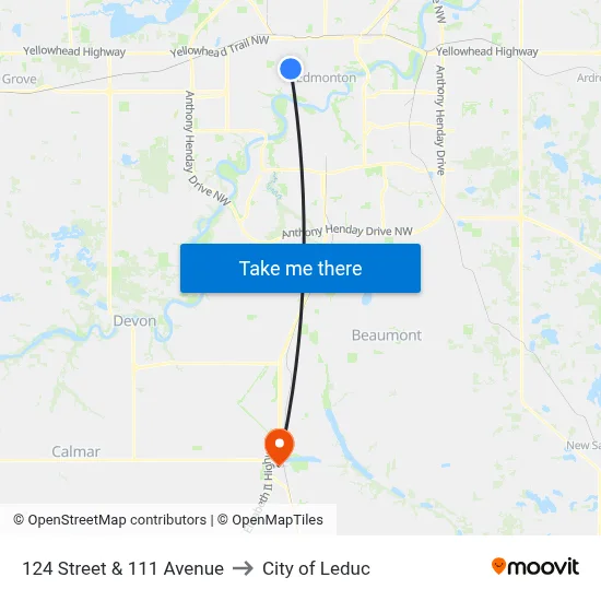 124 Street & 111 Avenue to City of Leduc map