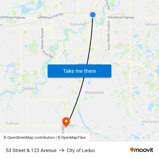 53 Street & 123 Avenue to City of Leduc map