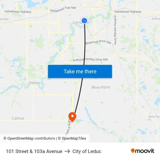 101 Street & 103a Avenue to City of Leduc map