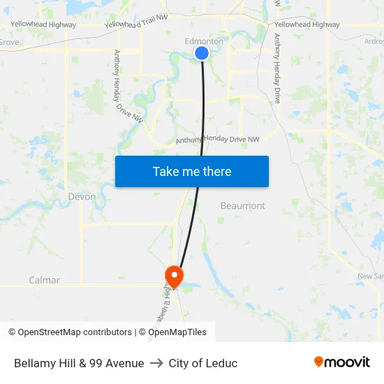 Bellamy Hill & 99 Avenue to City of Leduc map