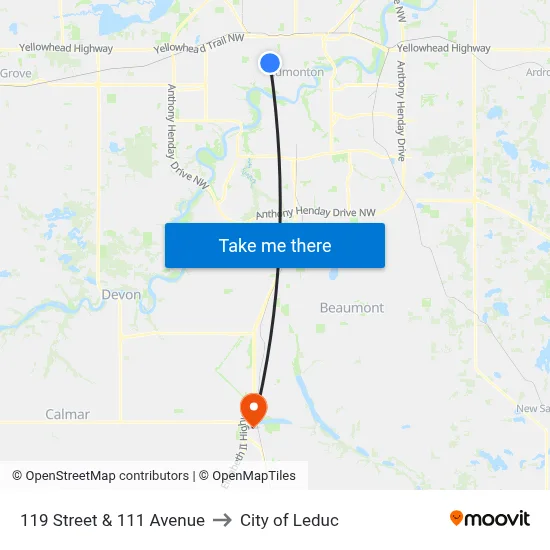 119 Street & 111 Avenue to City of Leduc map