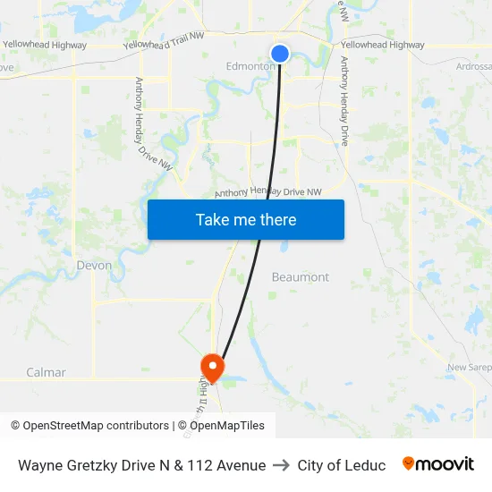 Wayne Gretzky Drive N & 112 Avenue to City of Leduc map