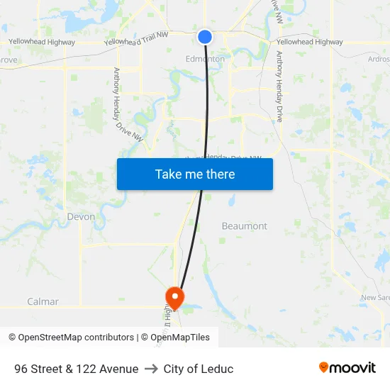 96 Street & 122 Avenue to City of Leduc map