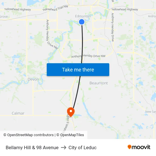 Bellamy Hill & 98 Avenue to City of Leduc map