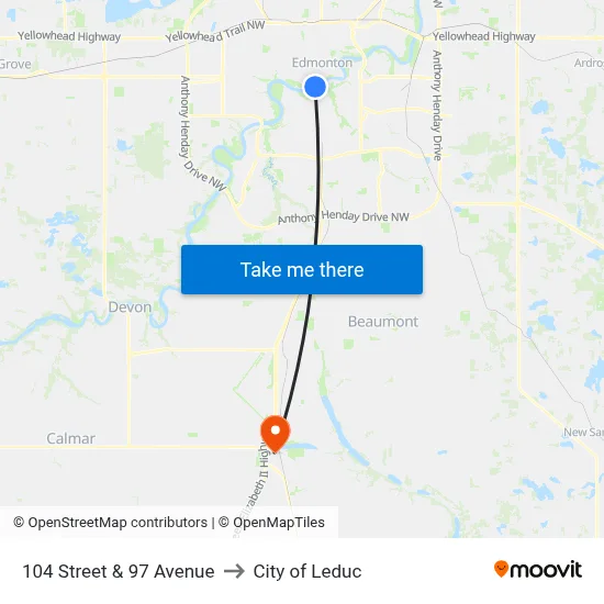 104 Street & 97 Avenue to City of Leduc map