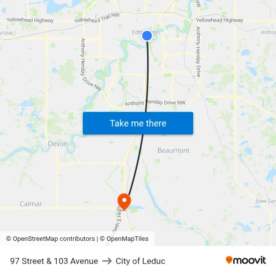 97 Street & 103 Avenue to City of Leduc map
