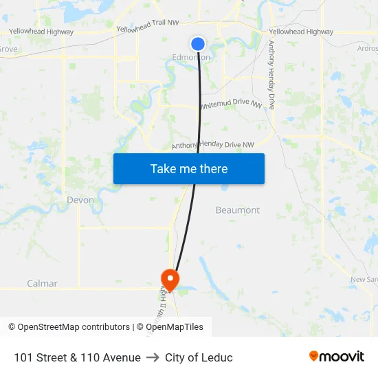 101 Street & 110 Avenue to City of Leduc map