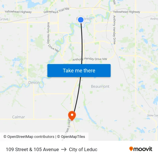 109 Street & 105 Avenue to City of Leduc map