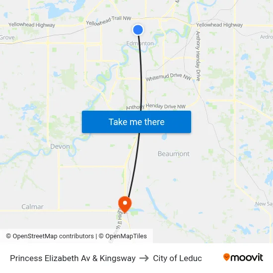 Princess Elizabeth Av & Kingsway to City of Leduc map
