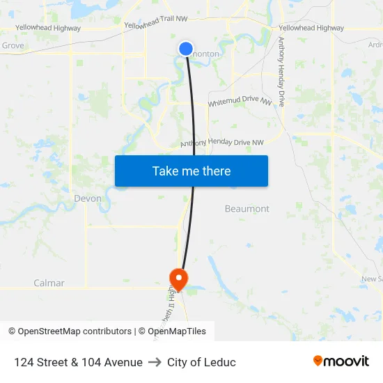 124 Street & 104 Avenue to City of Leduc map