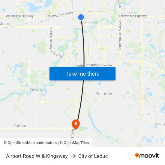 Airport Road W & Kingsway to City of Leduc map