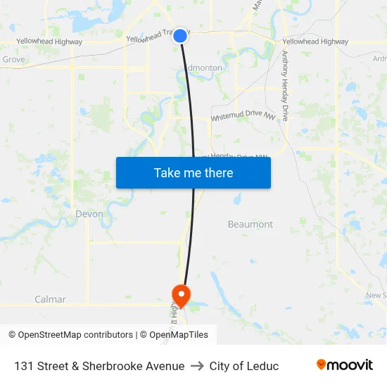 131 Street & Sherbrooke Avenue to City of Leduc map