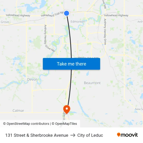 131 Street & Sherbrooke Avenue to City of Leduc map