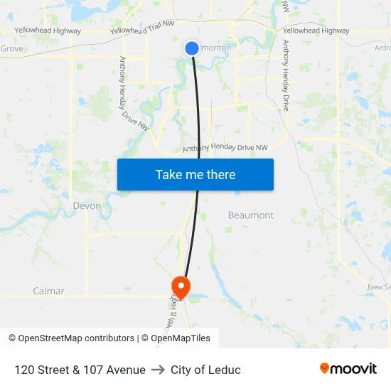 120 Street & 107 Avenue to City of Leduc map