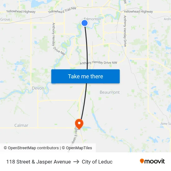 118 Street & Jasper Avenue to City of Leduc map