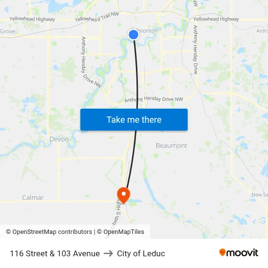 116 Street & 103 Avenue to City of Leduc map