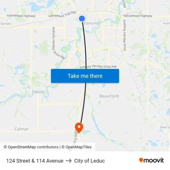 124 Street & 114 Avenue to City of Leduc map