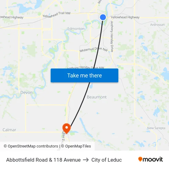 Abbottsfield Road & 118 Avenue to City of Leduc map