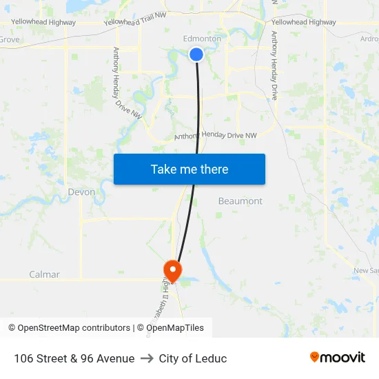106 Street & 96 Avenue to City of Leduc map
