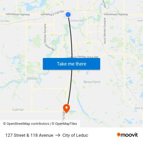 127 Street & 118 Avenue to City of Leduc map