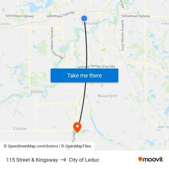 115 Street & Kingsway to City of Leduc map