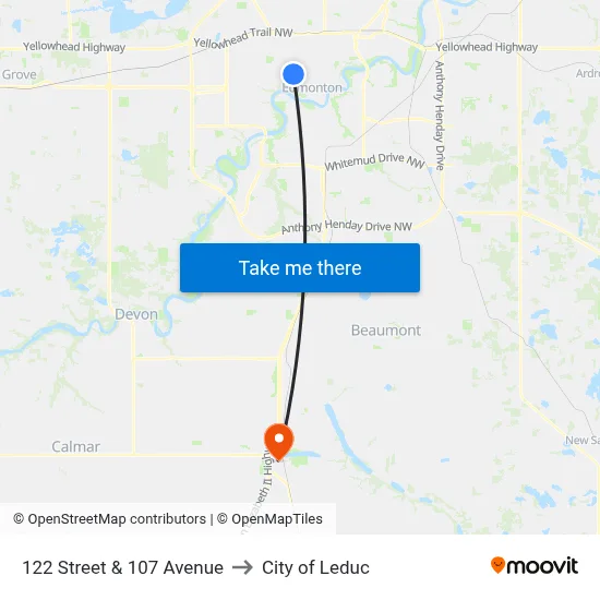 122 Street & 107 Avenue to City of Leduc map