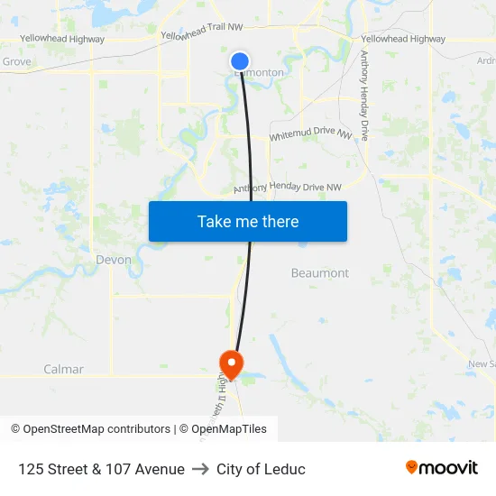 125 Street & 107 Avenue to City of Leduc map