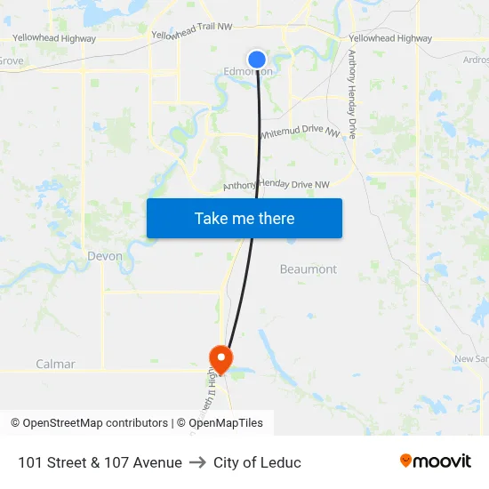 101 Street & 107 Avenue to City of Leduc map