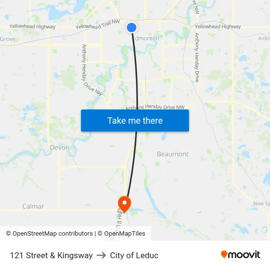121 Street & Kingsway to City of Leduc map