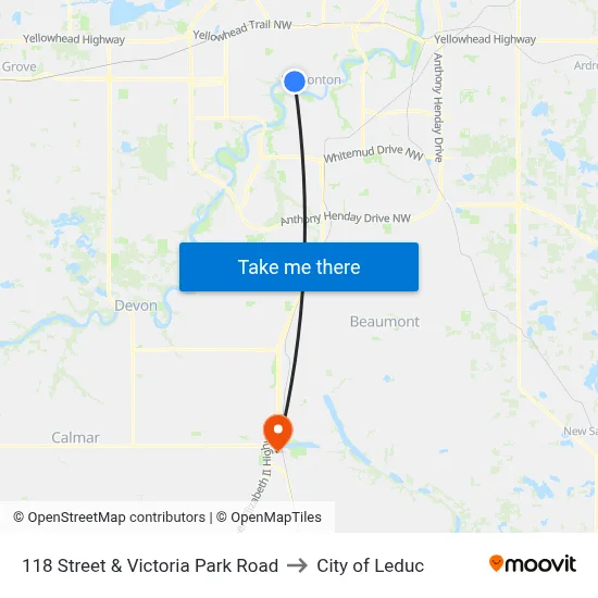 118 Street & Victoria Park Road to City of Leduc map