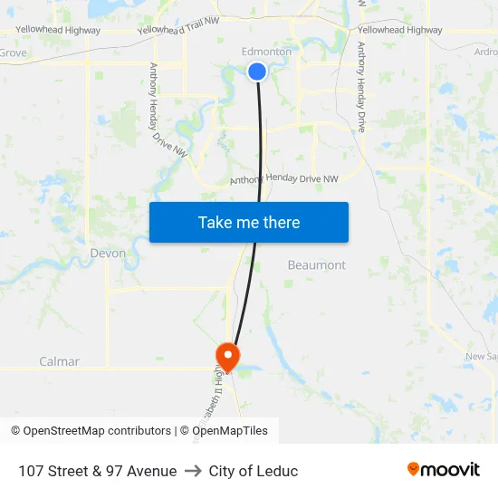 107 Street & 97 Avenue to City of Leduc map