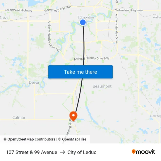 107 Street & 99 Avenue to City of Leduc map
