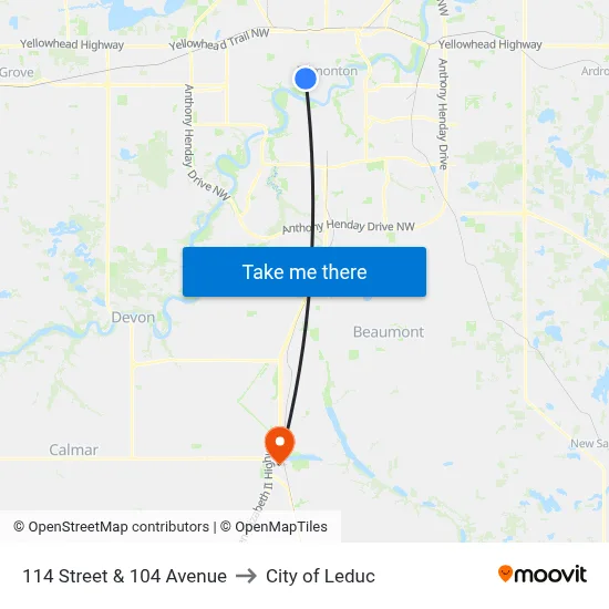 114 Street & 104 Avenue to City of Leduc map