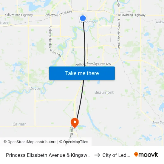 Princess Elizabeth Avenue & Kingsway to City of Leduc map
