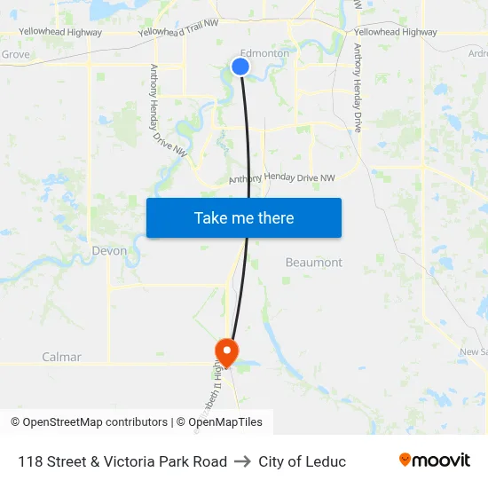118 Street & Victoria Park Road to City of Leduc map