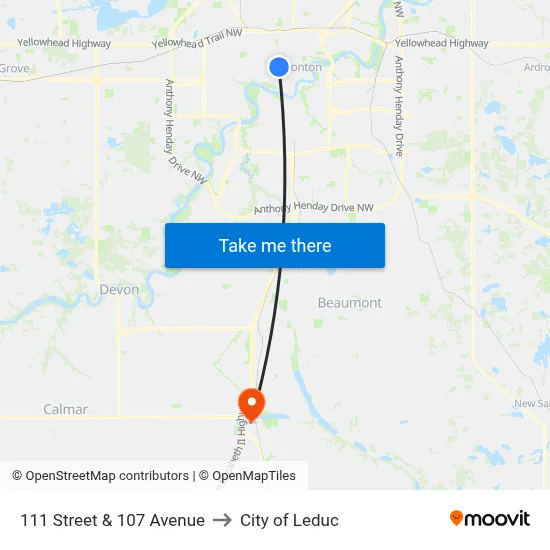 111 Street & 107 Avenue to City of Leduc map